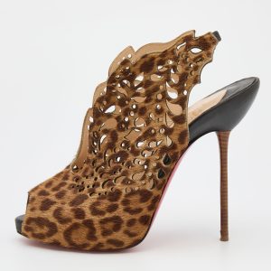 Christian Louboutin Brown Leopard Print Calf Hair Laser Cut Out Markesling Slingback Booties Size 40, Boots - Luxury Closet catalog
