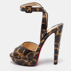 Christian Louboutin Brown/Yellow Python Leather Peep Toe Platform Ankle Strap Sandals Size 39, Sandals - Luxury Closet catalog