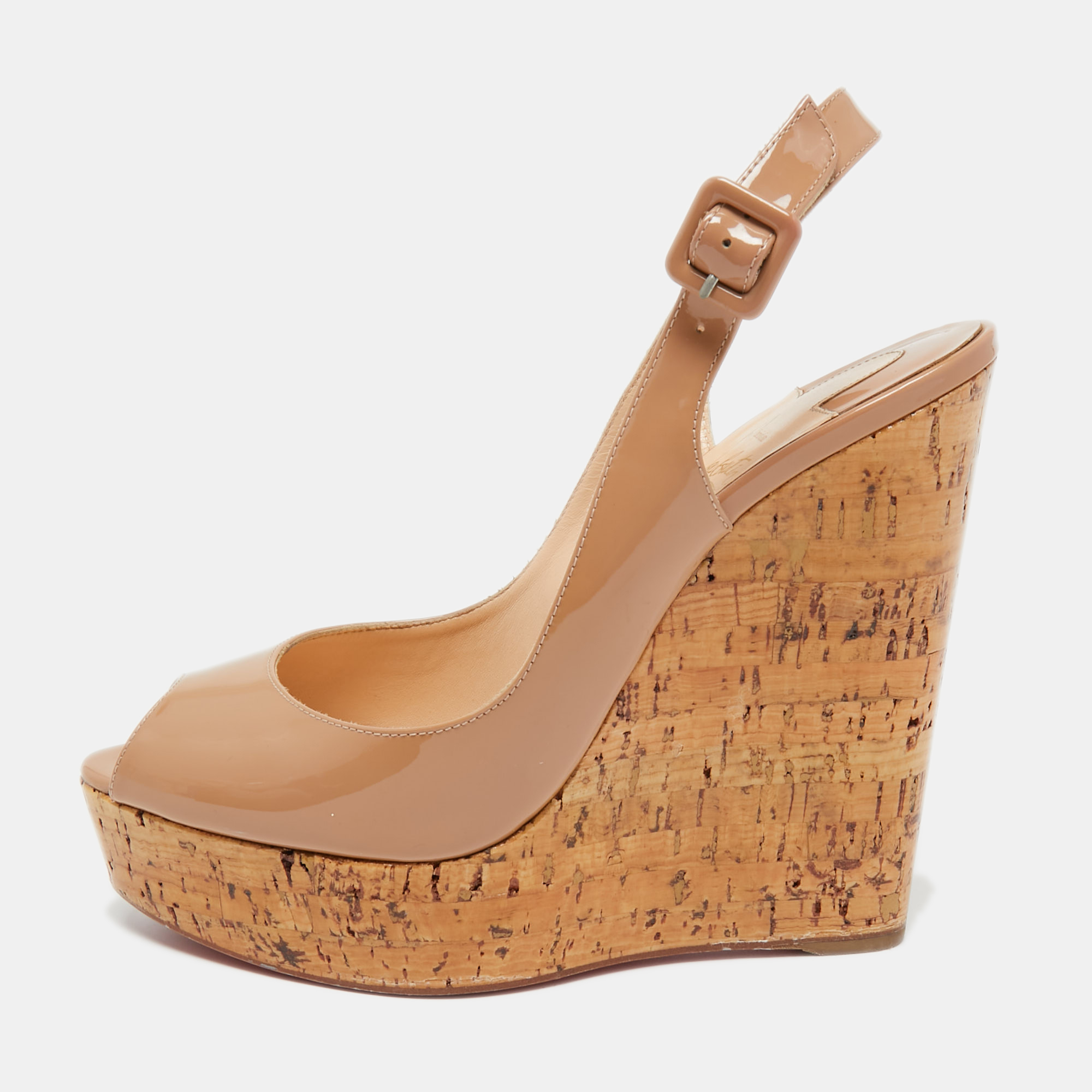 Christian Louboutin Beige Patent Leather Peep Toe Ankle Strap Wedge Sandals Size 40.5, Sandals - Luxury Closet catalog