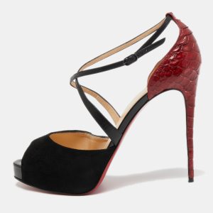 Christian Louboutin Black/Dark Red Leather, Suede and Python Cross Me Sandals Size 40.5, Sandals - Luxury Closet catalog