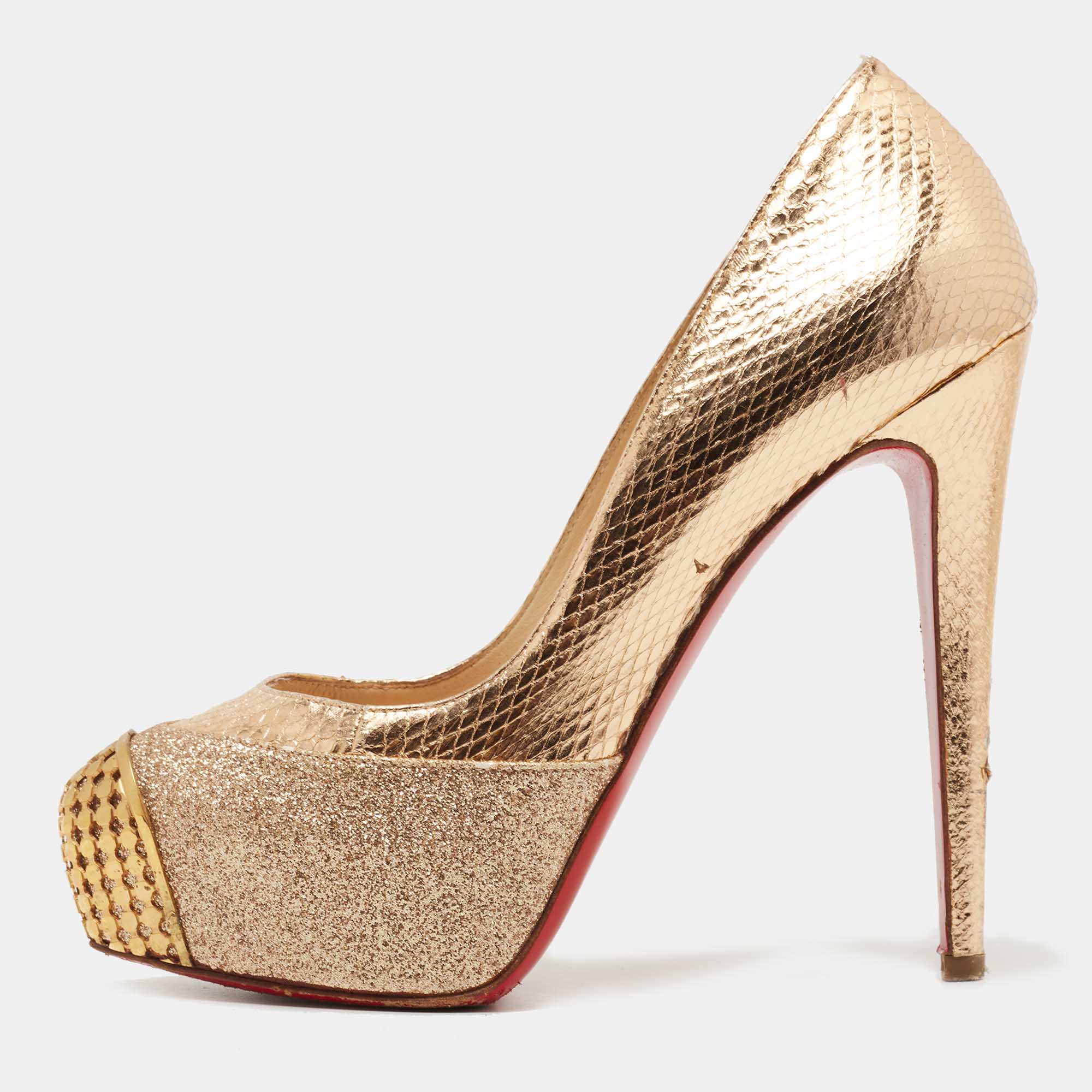 Christian Louboutin Maggie Glitter & Snakeskin Embossed Leather Platform Pumps Size 36.5, Pumps - Luxury Closet catalog
