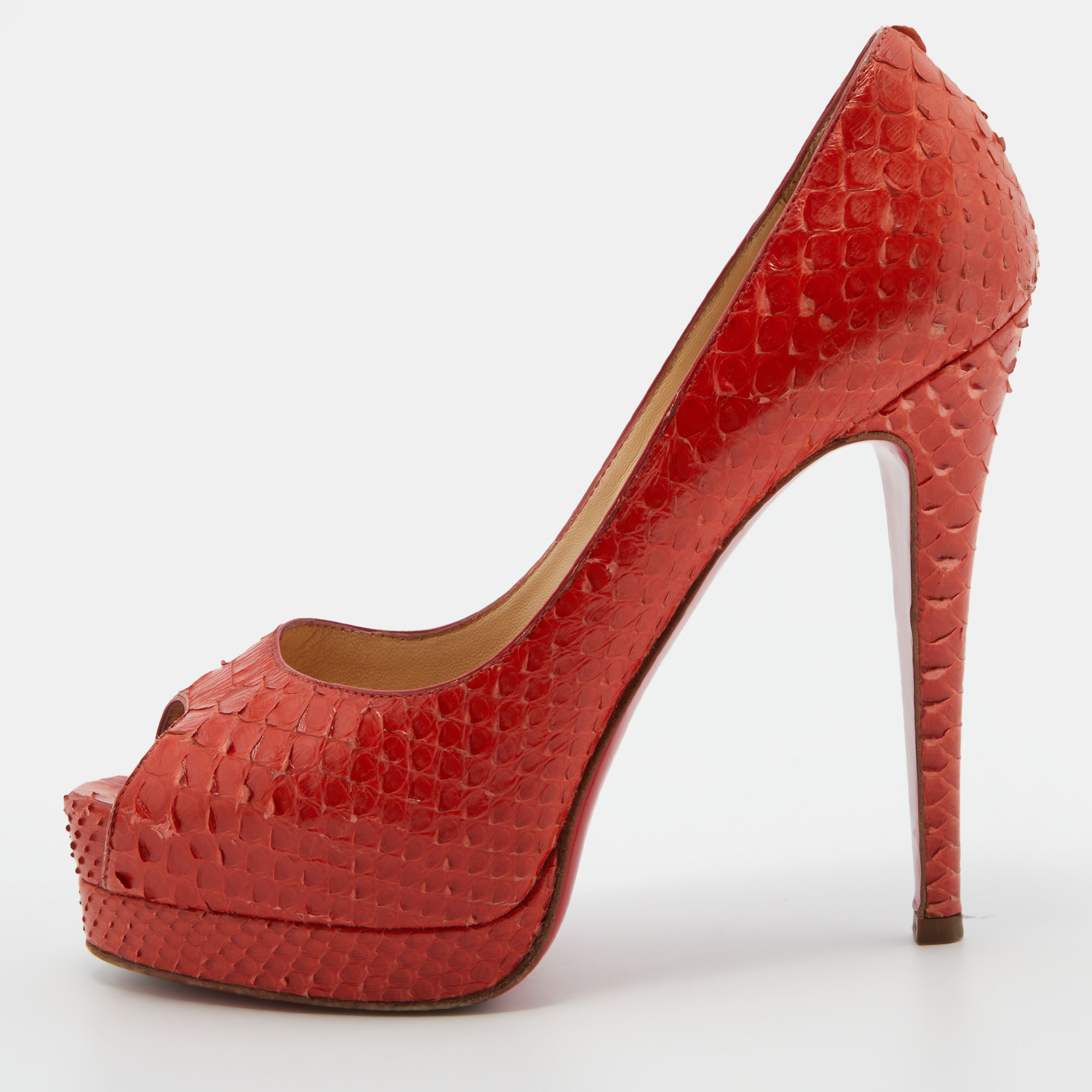 Christian Louboutin Orange Python Leather Altadama Peep Toe Platform Pumps Size 37, Pumps - Luxury Closet catalog
