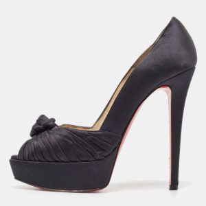 Christian Louboutin Black Knotted Satin Peep Toe Platform Pumps Size 37, Pumps - Luxury Closet catalog