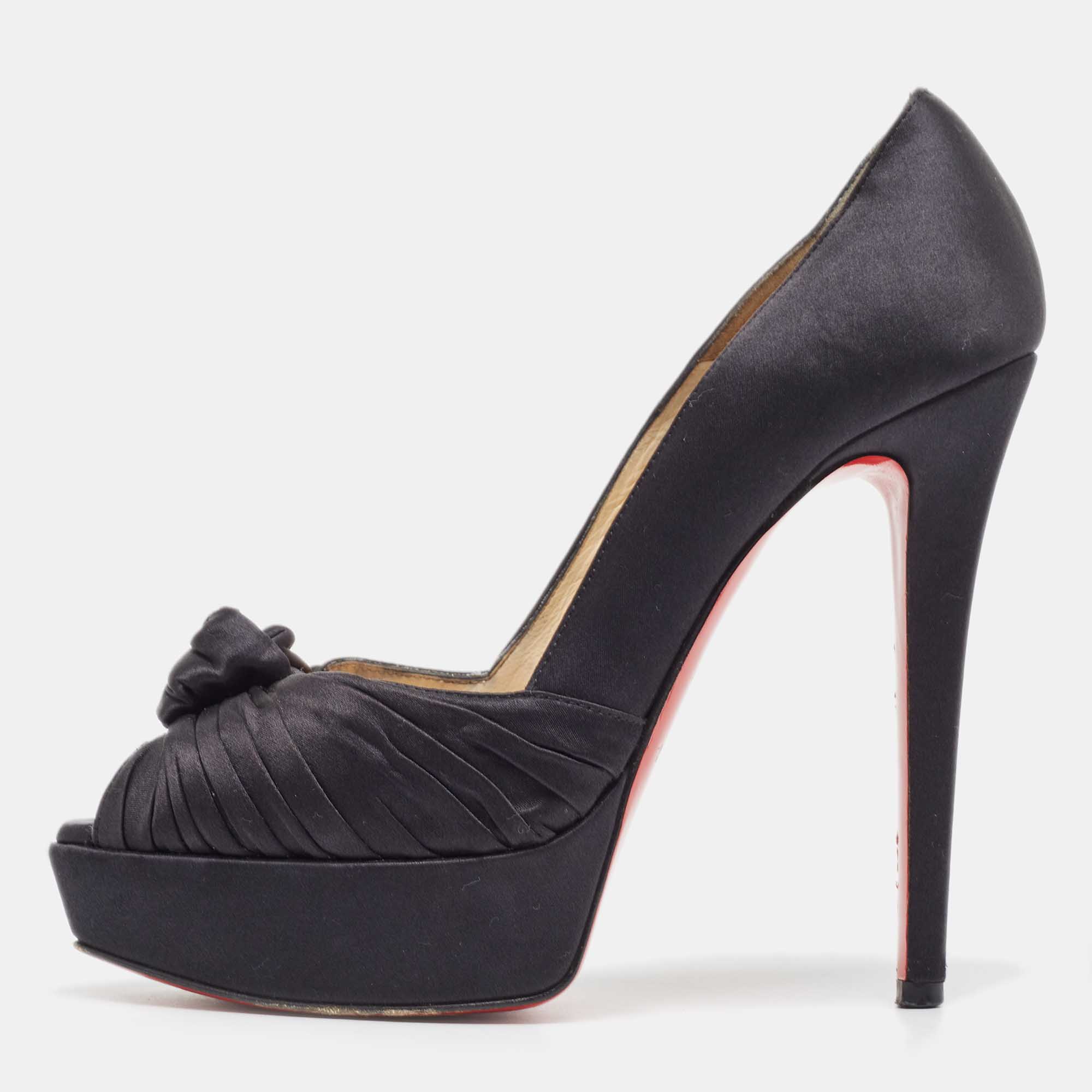 Christian Louboutin Black Knotted Satin Peep Toe Platform Pumps Size 37, Pumps - Luxury Closet catalog