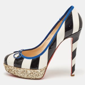 Christian Louboutin White/Black Striped Leather and Patent Foraine Pumps Size 39, Pumps - Luxury Closet catalog