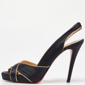 Christian Louboutin Black/Gold Satin and Leather Trim Platform Peep Toe Slingback Sandals Size 42, Sandals - Luxury Closet catalog