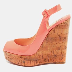 Christian Louboutin Neon Peach Patent Leather Une Plume Wedge Slingback Pumps Size 38, Pumps - Luxury Closet catalog