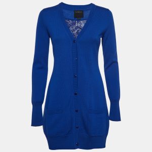 Class by Roberto Cavalli Blue Wool Silk Inset Buttoned Cardigan M, Sweaters & Cardigans - Luxury Closet catalog