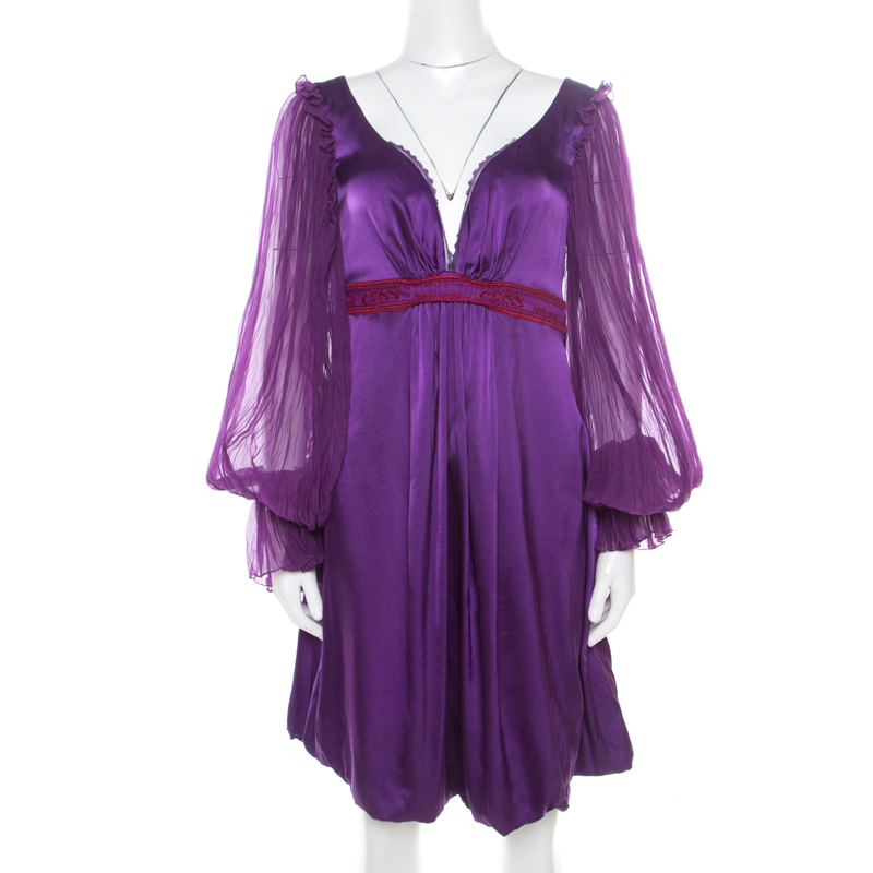 Class by Roberto Cavalli Purple Satin Embroidered Waist Detail Plunge Neck Dress M, Dresses - Luxury Closet catalog