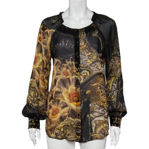 Class by Roberto Cavalli Black Printed Silk Ruffled Neck Button Front Top M, Shirts & Tops - Luxury Closet catalog