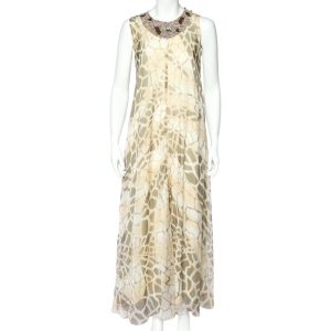 Class by Roberto Cavalli Beige Printed Silk Chiffon Embellished Neck Detail Sleeveless Dress M, Dresses - Luxury Closet catalog