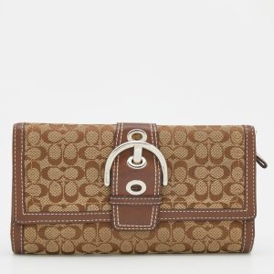 Coach Beige/Brown Signature Canvas and Leather Buckle Detail Continental Wallet, Wallets & Money Clips - Luxury Closet catalog