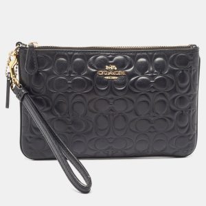 Coach Black Signature Embossed Leather Wristlet Pouch, Clutches & Special Occasion Bags - Luxury Closet catalog