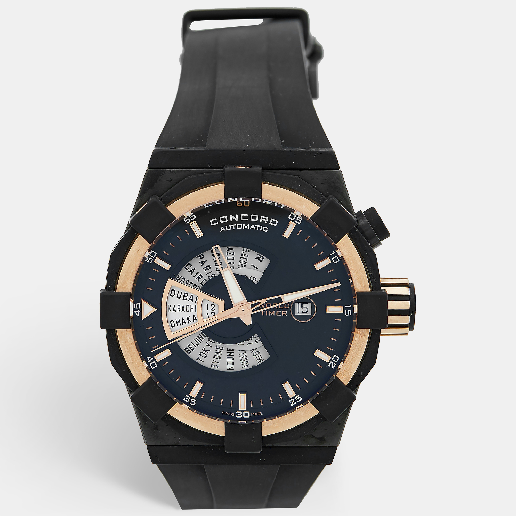 Concord Black 18k Rose Gold PVD Coated Stainless Steel Rubber C1 World Timer 01.6.78.1016 Men's Wristwatch 48 mm, Watches - Luxury Closet catalog