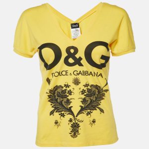 D&G Yellow Printed Cotton V-Neck T-Shirt L, Shirts & Tops - Luxury Closet catalog