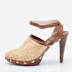 D&G Beige/Brown Raffia and Leather Ankle Strap Clog Sandals Size 38, Sandals - Luxury Closet catalog