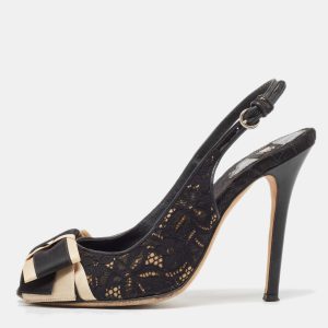 D&G Black Black Leather and Lace Bow Peep Toe Slingback Pumps Size 39, Sandals - Luxury Closet catalog