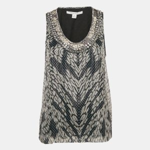 Diane Von Furstenberg Metallic Printed Silk Lurex Stud Detail Sleeveless Ade Top M, Shirts & Tops - Luxury Closet catalog