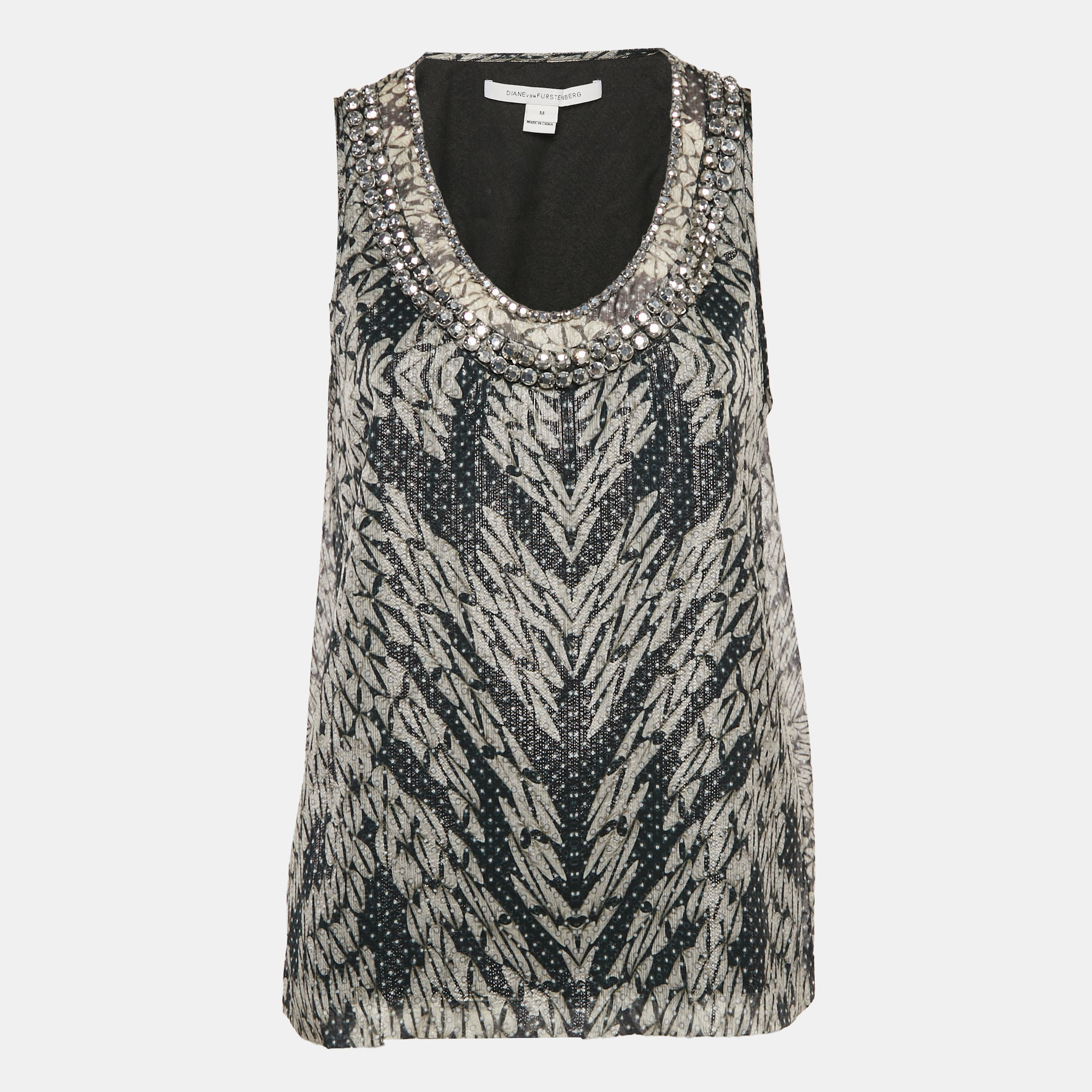 Diane Von Furstenberg Metallic Printed Silk Lurex Stud Detail Sleeveless Ade Top M, Shirts & Tops - Luxury Closet catalog