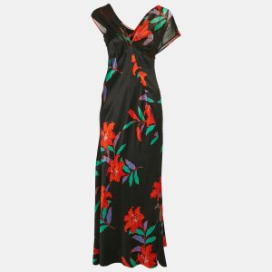 Diane Von Furstenberg Black Floral Print Satin Asymmetric Sleeveless Maxi Dress M, Dresses - Luxury Closet catalog