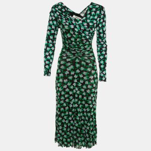 Diane Von Furstenberg Black Floral Print Jersey & Mesh Leia Midi Dress S, Dresses - Luxury Closet catalog