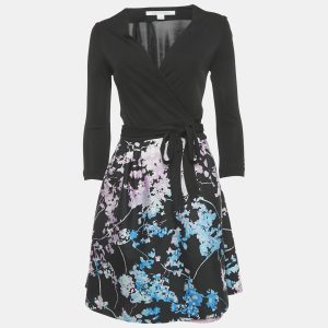 Diane Von Furstenberg Black Floral Print Jersey and Crepe Valerie Dress S, Dresses - Luxury Closet catalog