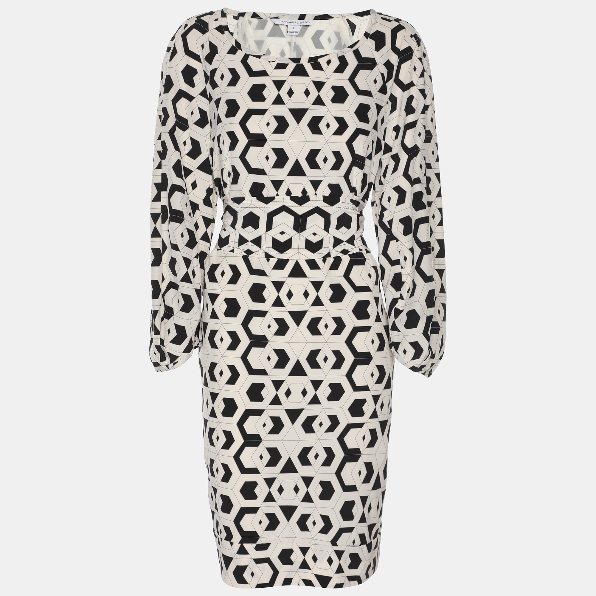 Diane Von Furstenberg Cream/Black Printed Silk Belted Dress S, Dresses - Luxury Closet catalog