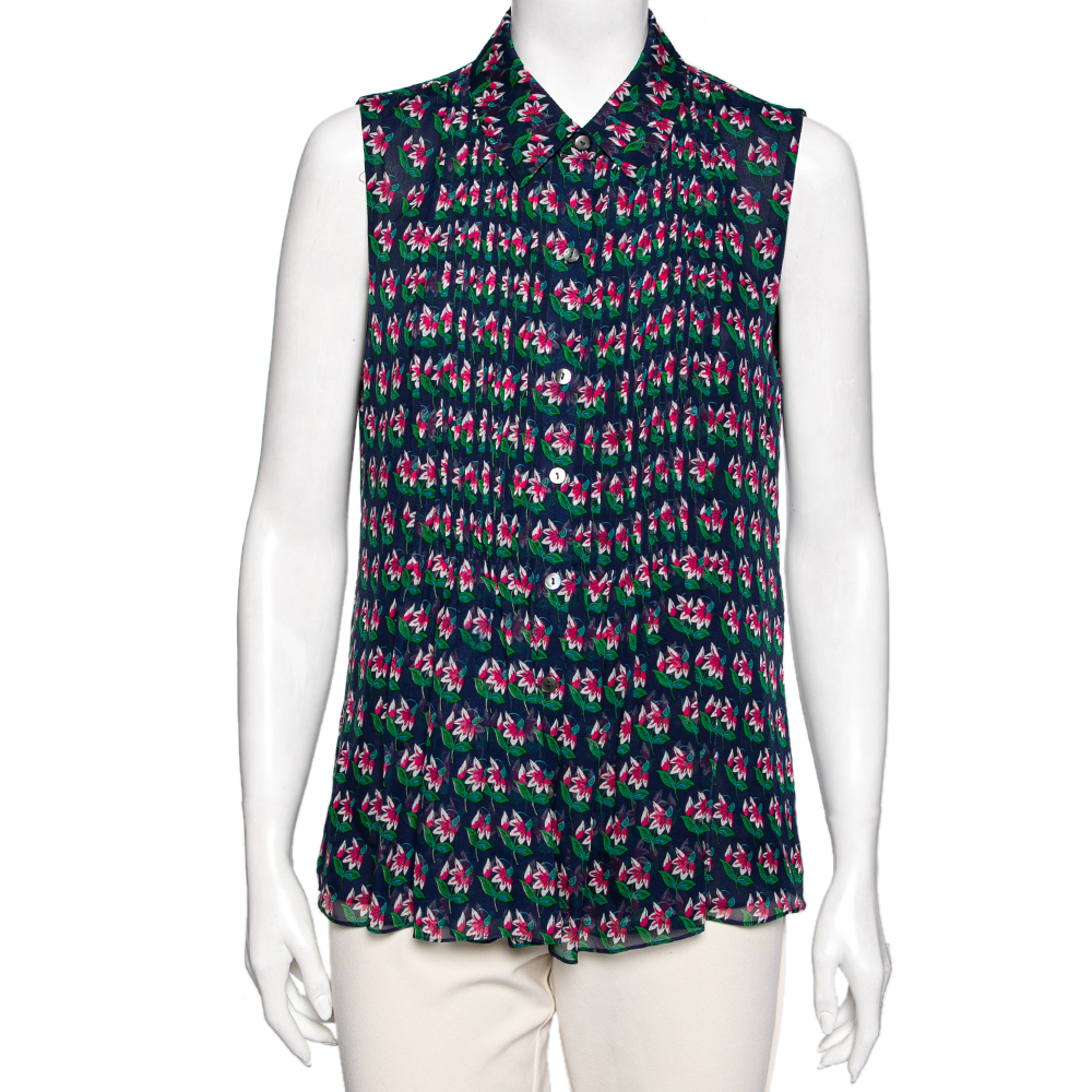 Diane von Furstenberg Blue Floral Printed Pleated Front Sleeveless Top L, Shirts & Tops - Luxury Closet catalog