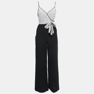 Diane Von Furstenberg Black/White Logo Print Crepe & Silk Wide Leg Back Tie Detail Strappy Jumpsuit XXS, Suits - Luxury Closet catalog