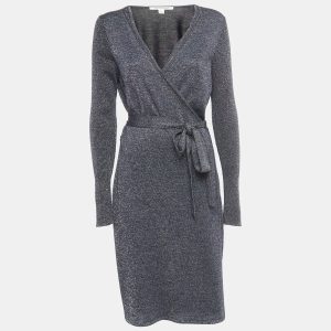 Diane Von Furstenberg Navy Blue Lurex Knit Evelyn Wrap Dress L, Dresses - Luxury Closet catalog