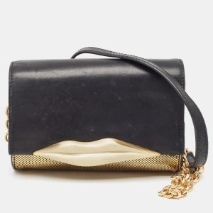 Diane Von Furstenberg Black/Gold Lizard Embossed and Leather Carolina Lips Clutch Bag, Clutches & Special Occasion Bags - Luxury Closet catalog