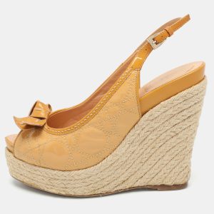 Dior Beige Cannage Patent Leather Bow Wedge Espadrille Platform Sandals Size 37.5, Sandals - Luxury Closet catalog