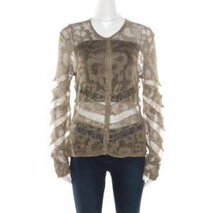 Dior Boutique Lace Olive Green Perforated Knit Lace Insert Buttoned Cardigan L, Sweaters & Cardigans - Luxury Closet catalog