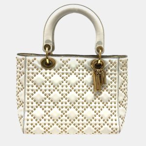 Dior White Leather Studded Medium Lady Dior Top Handle Bags, Tote Handbags - Luxury Closet catalog