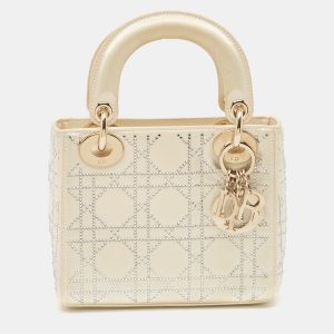 Dior Off White Cannage Satin Mini Crystals Embellished Lady Dior Tote, Tote Handbags - Luxury Closet catalog