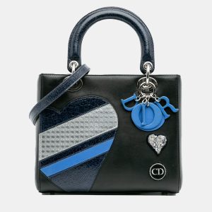 Dior Black Blue Medium Calfskin Patent Embroidered Valentines Day Heart Lady Dior, Tote Handbags - Luxury Closet catalog