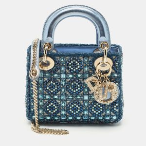 Dior Metallic Blue Leather and Satin Embellished Mini Lady Dior Tote, Tote Handbags - Luxury Closet catalog