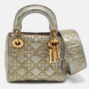 Dior Metallic Grey Cannage Python Mini Studded Supple Lady Dior Tote, Tote Handbags - Luxury Closet catalog