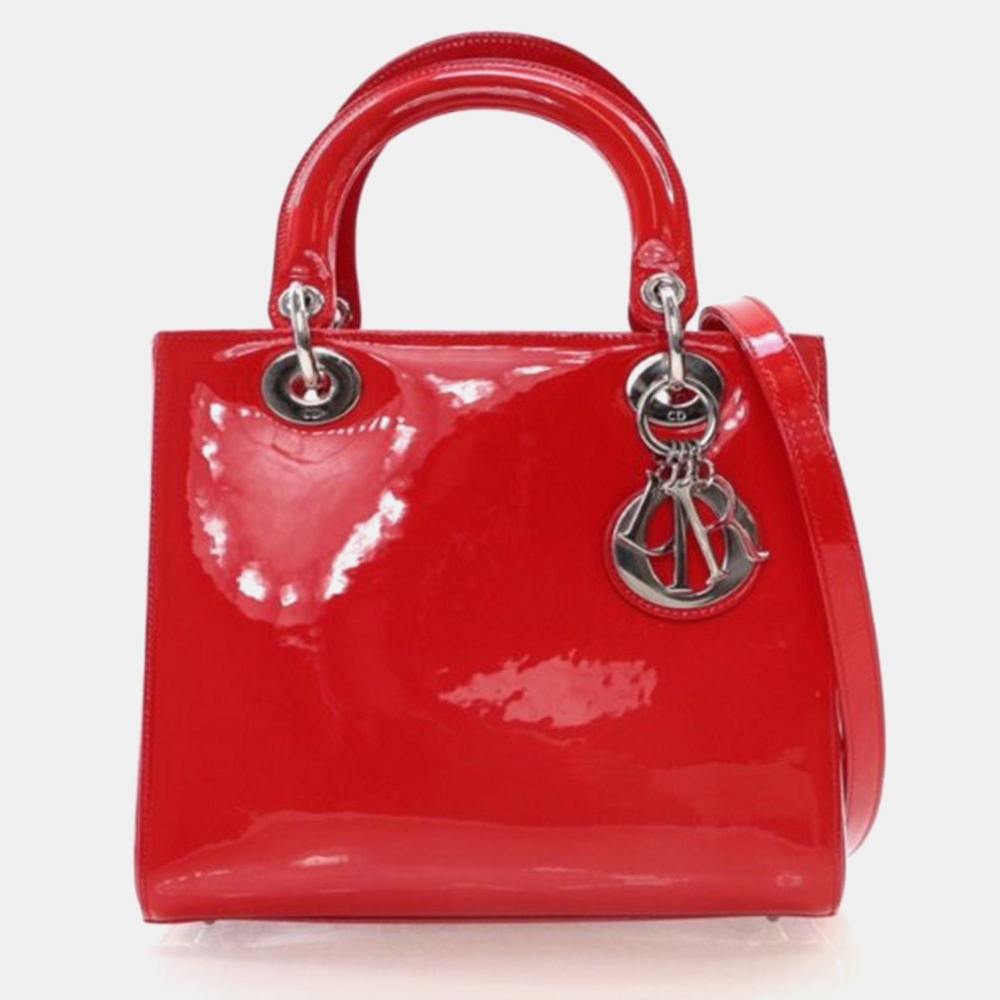 Dior Lady Dior Medium Red Smooth Patent Leather Handbag, Satchels - Luxury Closet catalog