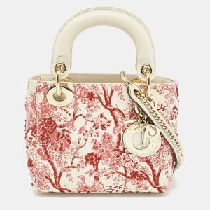 Dior Red/White Leather Mini Floral Embroidered Lady Dior Tote, Tote Handbags - Luxury Closet catalog