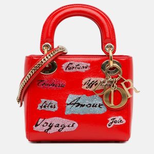 Dior Lady Dior Mini Red Calfskin Sequin Embellished Handbag, Satchels - Luxury Closet catalog