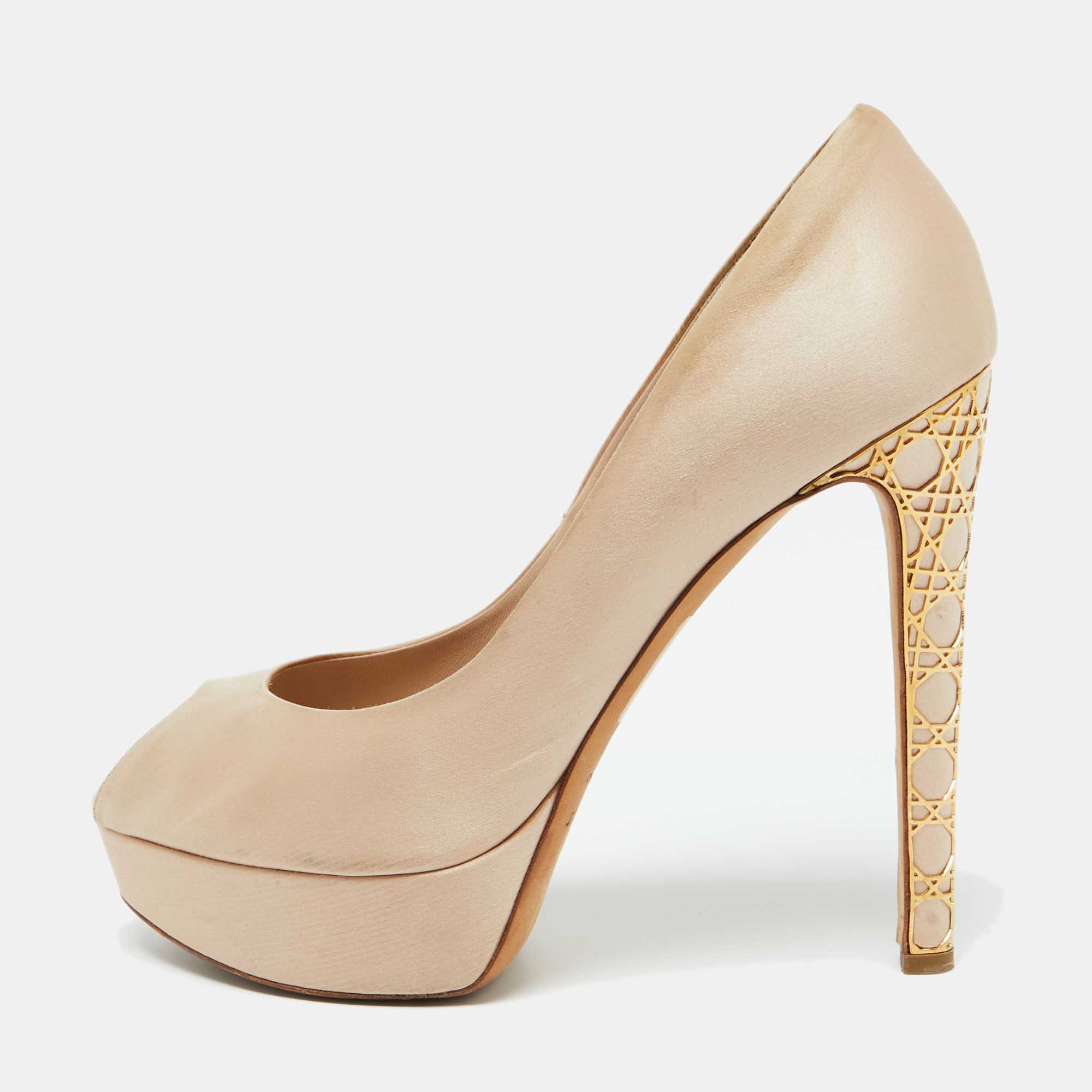 Dior Beige Satin Cannage Heel Peep Toe Platform Pumps Size 41.5, Pumps - Luxury Closet catalog