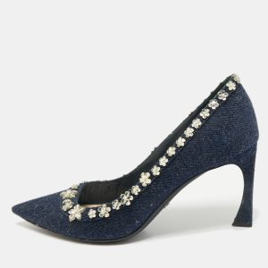 Dior Navy Blue Denim Crystal Embellished Garland Pointed Toe Pumps Size 38.5, Pumps - Luxury Closet catalog