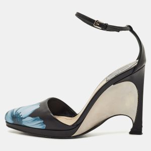Dior Black Floral Print Leather Optique Wedge Ankle Strap Sandals Size 38.5, Sandals - Luxury Closet catalog
