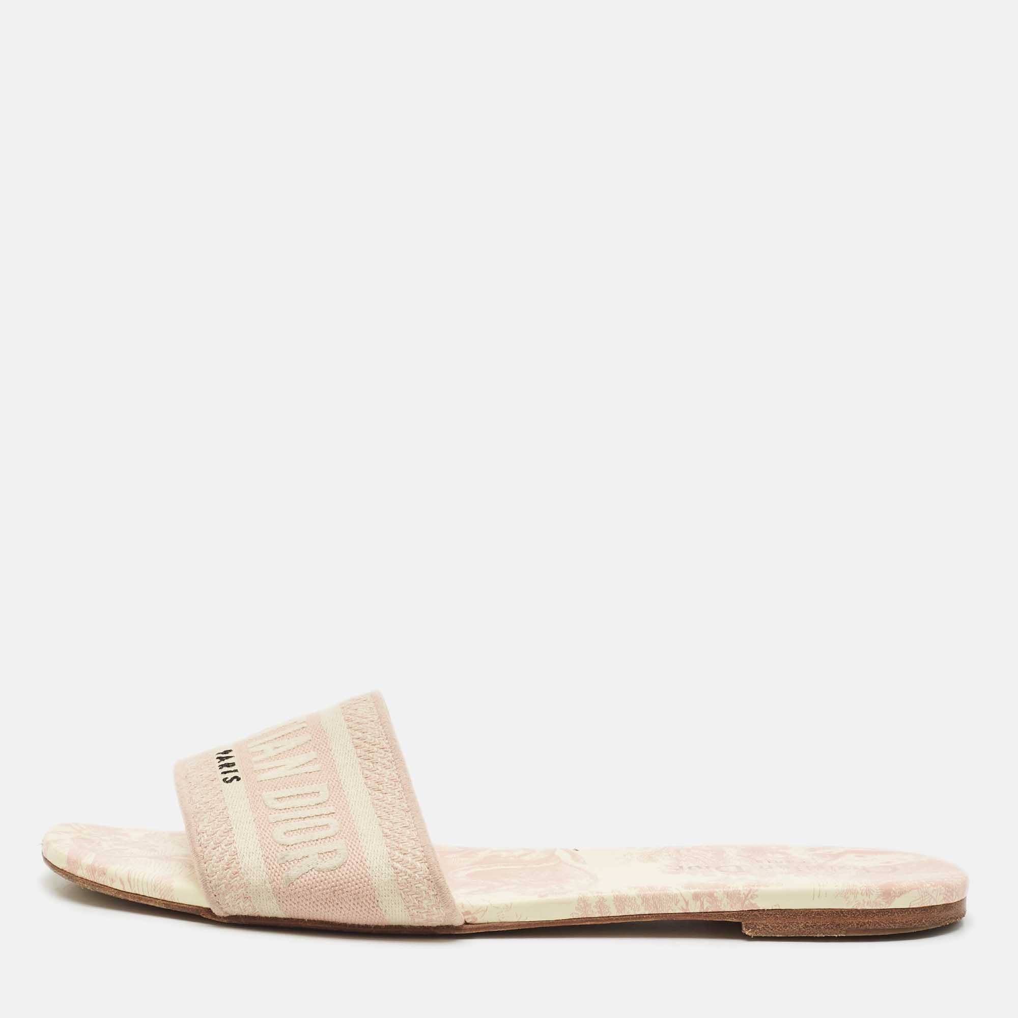 Dior Pink/Cream Embroidered Canvas Dway Flat Slides Size 40.5, Sandals - Luxury Closet catalog