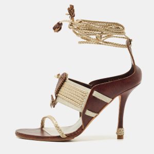 Dior Olive Brown/Gold Leather and Fabric Ankle Tie Sandals Size 37, Sandals - Luxury Closet catalog