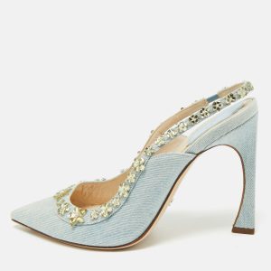 Dior Blue Canvas Crystal Embellished Slingback Pumps Size 38.5, Pumps - Luxury Closet catalog