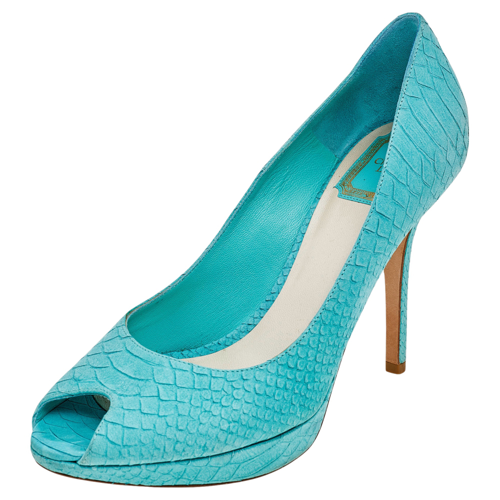 Dior Aqua Blue Python Embossed Suede Miss Dior Peep Toe Platform Pumps Size 40, Pumps - Luxury Closet catalog