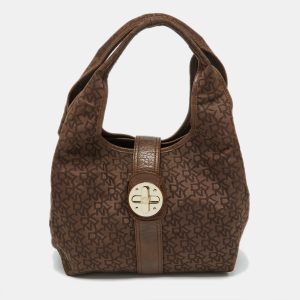 Dkny Brown Signature Canvas and Croc Embossed Leather Push Lock Hobo, Shoulder Bags - Luxury Closet catalog