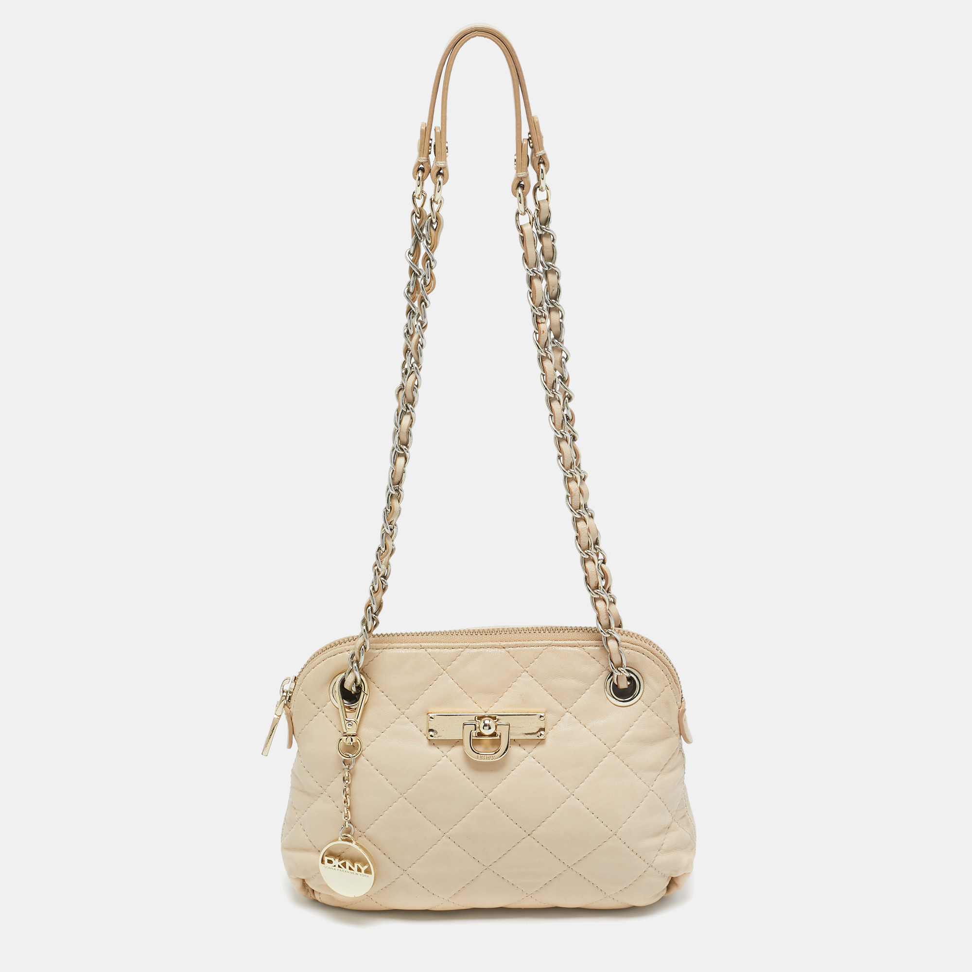 DKNY Light Beige Quilted Leather Small Zip Shoulder Bag, Shoulder Bags - Luxury Closet catalog